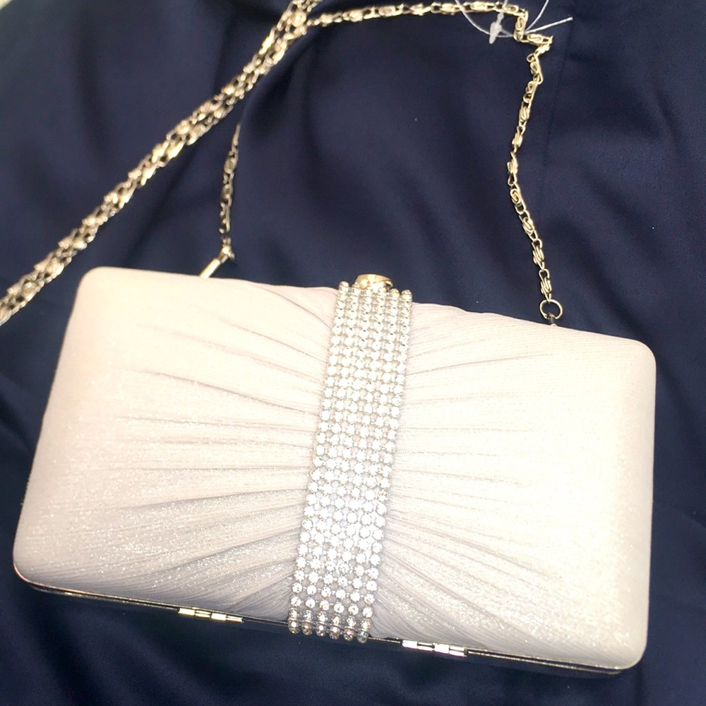 New 3-in-1 Silver-Tone Sparkle Evening Clutch Bag Rhinestone Embellished